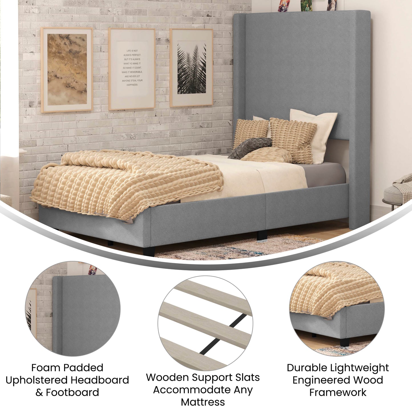 Quinn Twin Upholstered Platform Bed with Channel Stitched Wingback Headboard, Mattress Foundation with Slatted Supports, No Box Spring Needed, Gray Gray