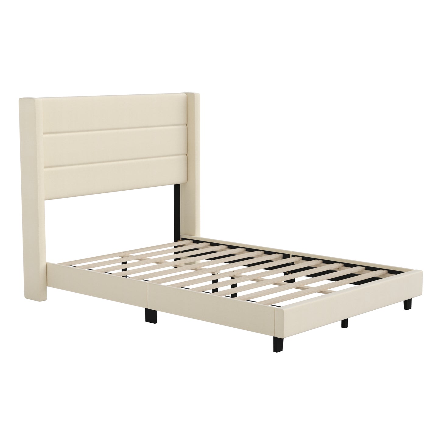 Hollis Full Upholstered Platform Bed with Wingback Headboard, Mattress Foundation with Slatted Supports, No Box Spring Needed, Beige Faux Linen Beige