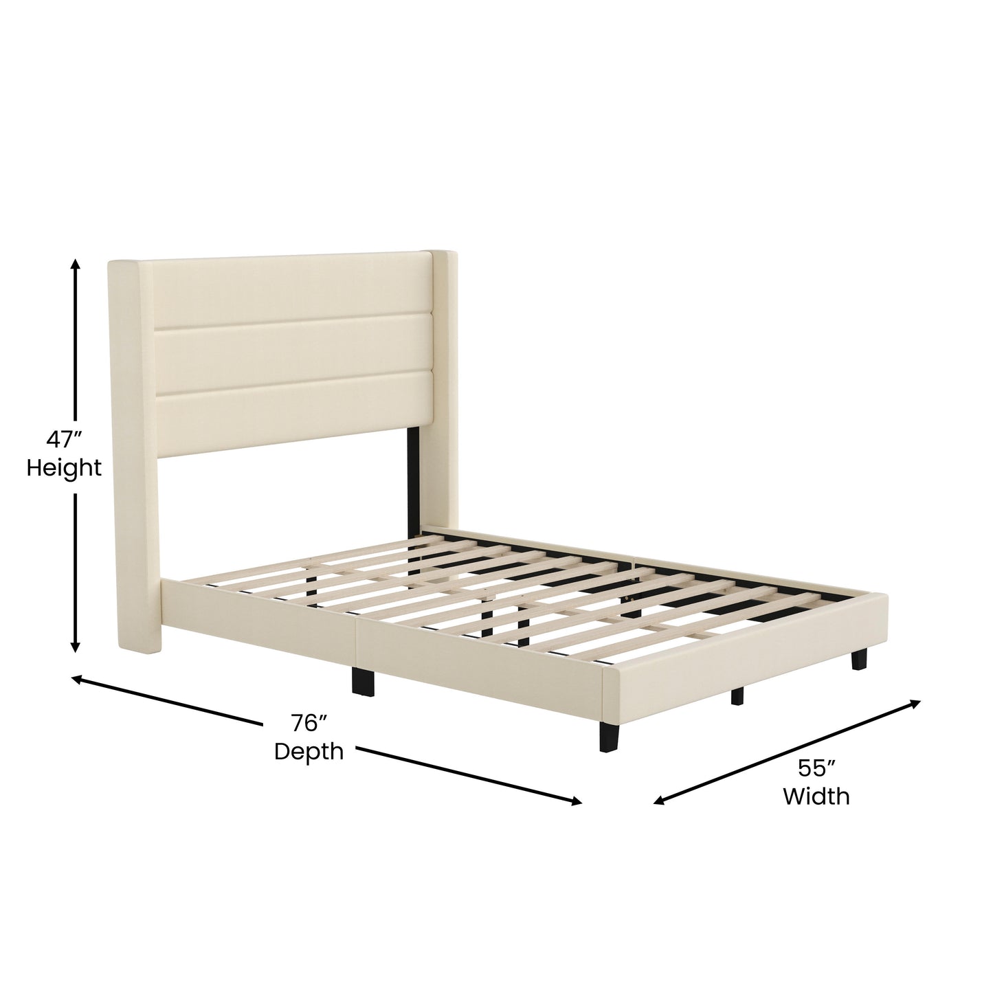 Hollis Full Upholstered Platform Bed with Wingback Headboard, Mattress Foundation with Slatted Supports, No Box Spring Needed, Beige Faux Linen Beige