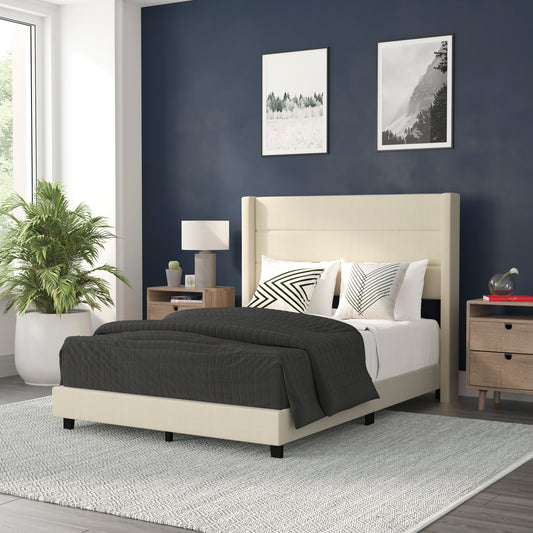 Hollis Full Upholstered Platform Bed with Wingback Headboard, Mattress Foundation with Slatted Supports, No Box Spring Needed, Beige Faux Linen Beige