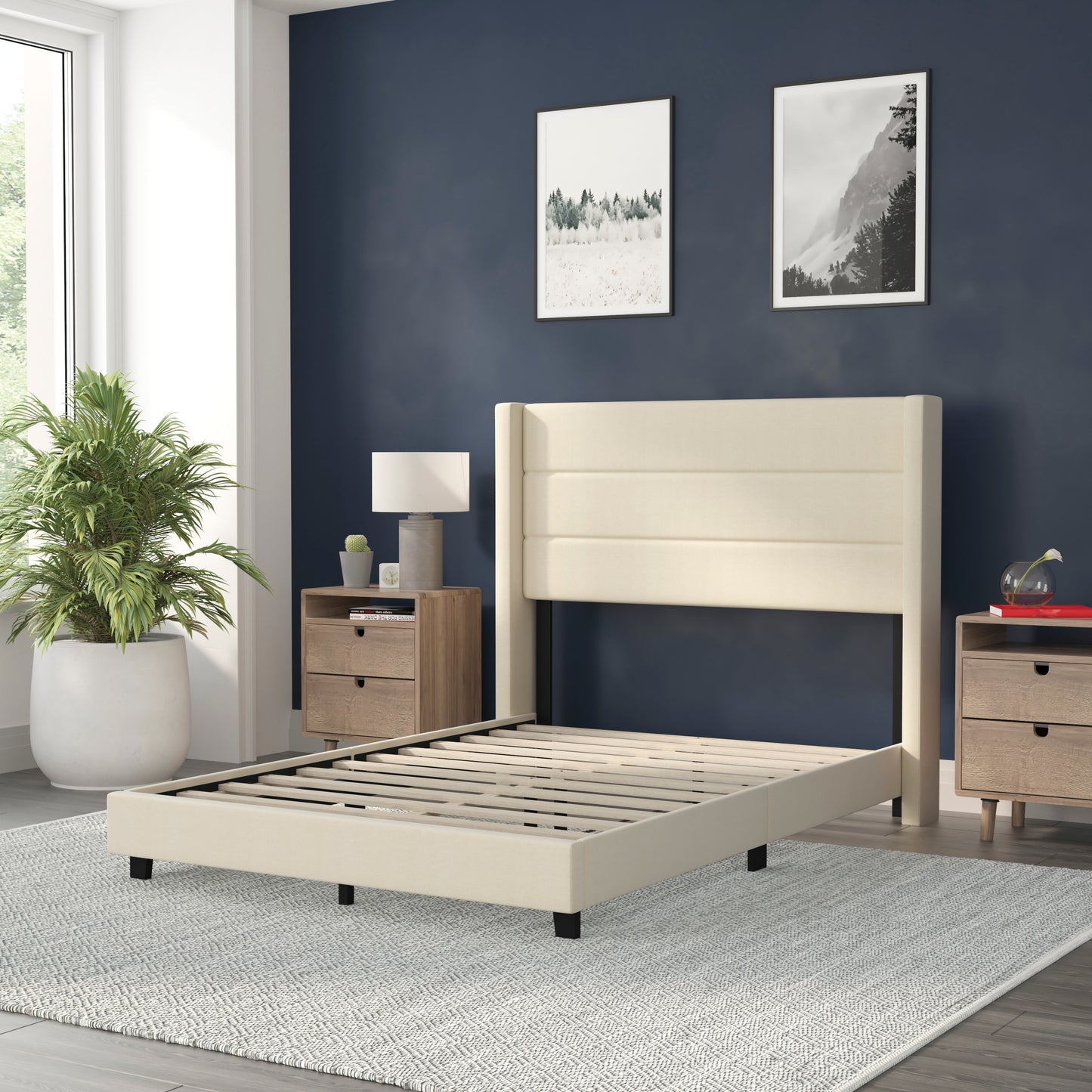 Hollis Full Upholstered Platform Bed with Wingback Headboard, Mattress Foundation with Slatted Supports, No Box Spring Needed, Beige Faux Linen Beige