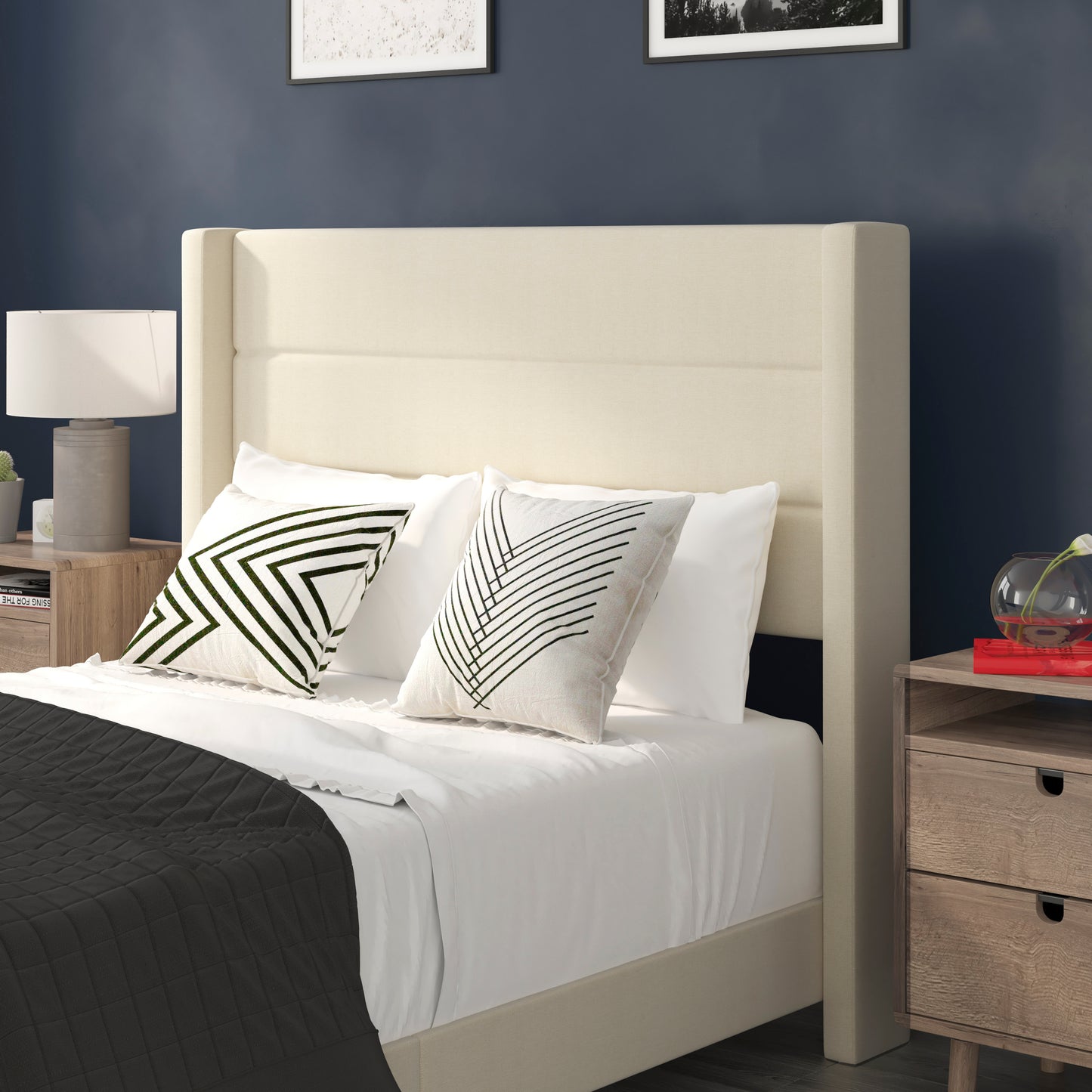 Hollis Full Upholstered Platform Bed with Wingback Headboard, Mattress Foundation with Slatted Supports, No Box Spring Needed, Beige Faux Linen Beige