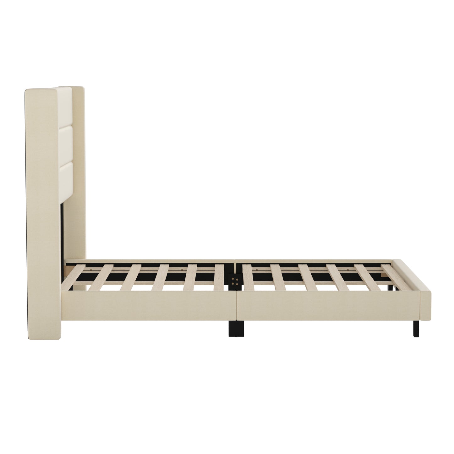 Hollis Full Upholstered Platform Bed with Wingback Headboard, Mattress Foundation with Slatted Supports, No Box Spring Needed, Beige Faux Linen Beige