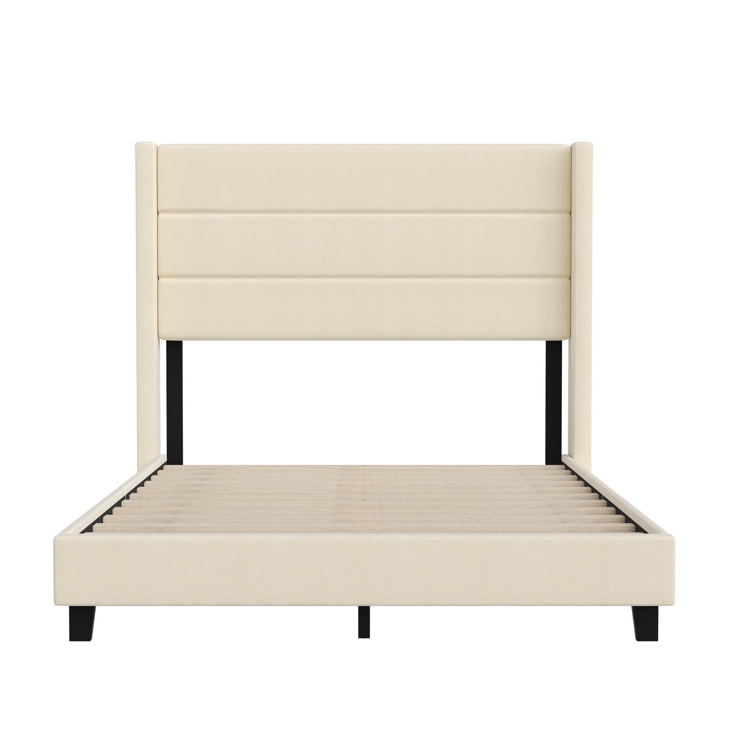 Hollis Full Upholstered Platform Bed with Wingback Headboard, Mattress Foundation with Slatted Supports, No Box Spring Needed, Beige Faux Linen Beige