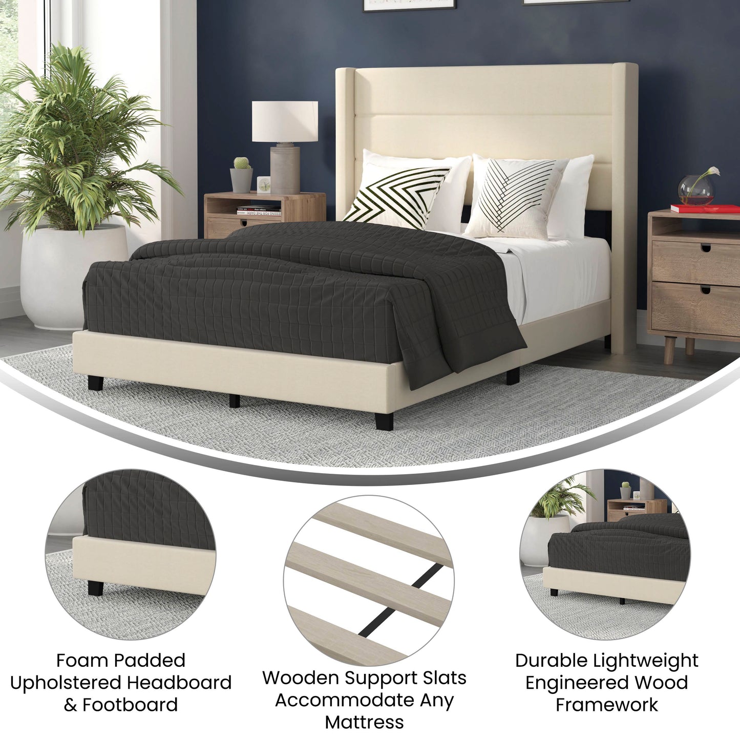 Hollis Full Upholstered Platform Bed with Wingback Headboard, Mattress Foundation with Slatted Supports, No Box Spring Needed, Beige Faux Linen Beige