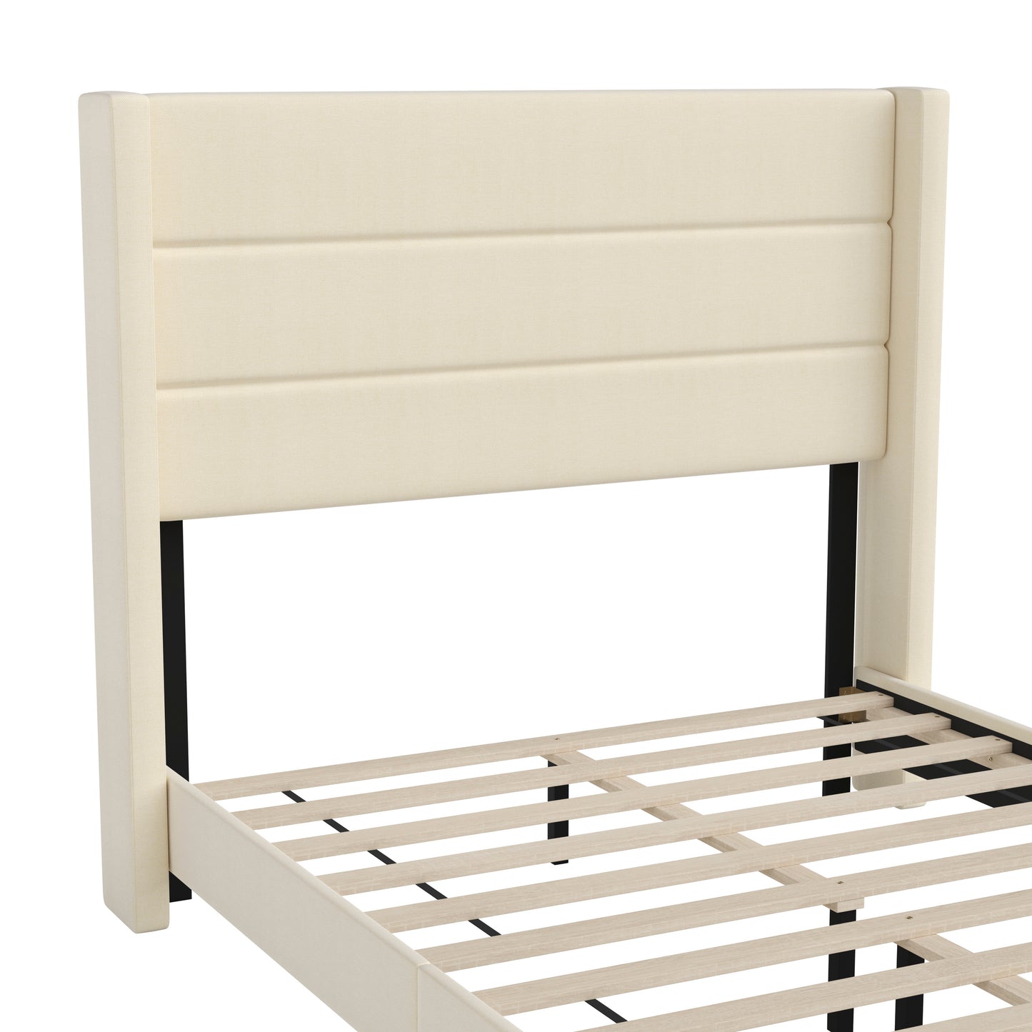 Hollis Full Upholstered Platform Bed with Wingback Headboard, Mattress Foundation with Slatted Supports, No Box Spring Needed, Beige Faux Linen Beige