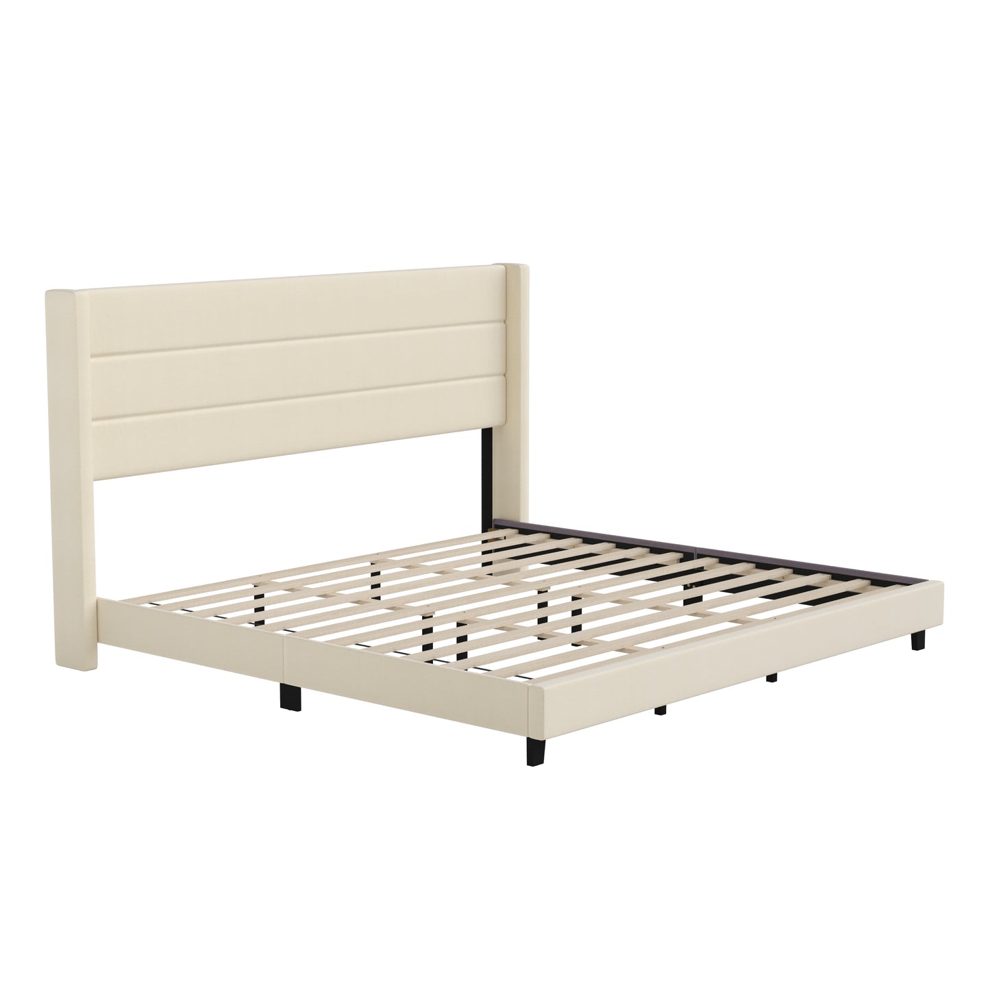 Hollis King Upholstered Platform Bed with Wingback Headboard, Mattress Foundation with Slatted Supports, No Box Spring Needed, Beige Faux Linen Beige