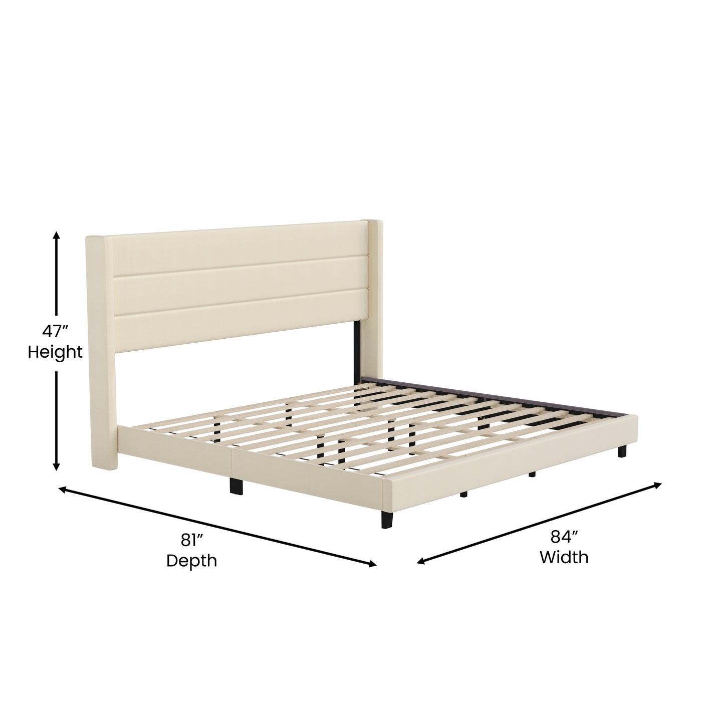 Hollis King Upholstered Platform Bed with Wingback Headboard, Mattress Foundation with Slatted Supports, No Box Spring Needed, Beige Faux Linen Beige