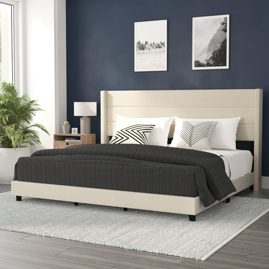 Hollis King Upholstered Platform Bed with Wingback Headboard, Mattress Foundation with Slatted Supports, No Box Spring Needed, Beige Faux Linen Beige