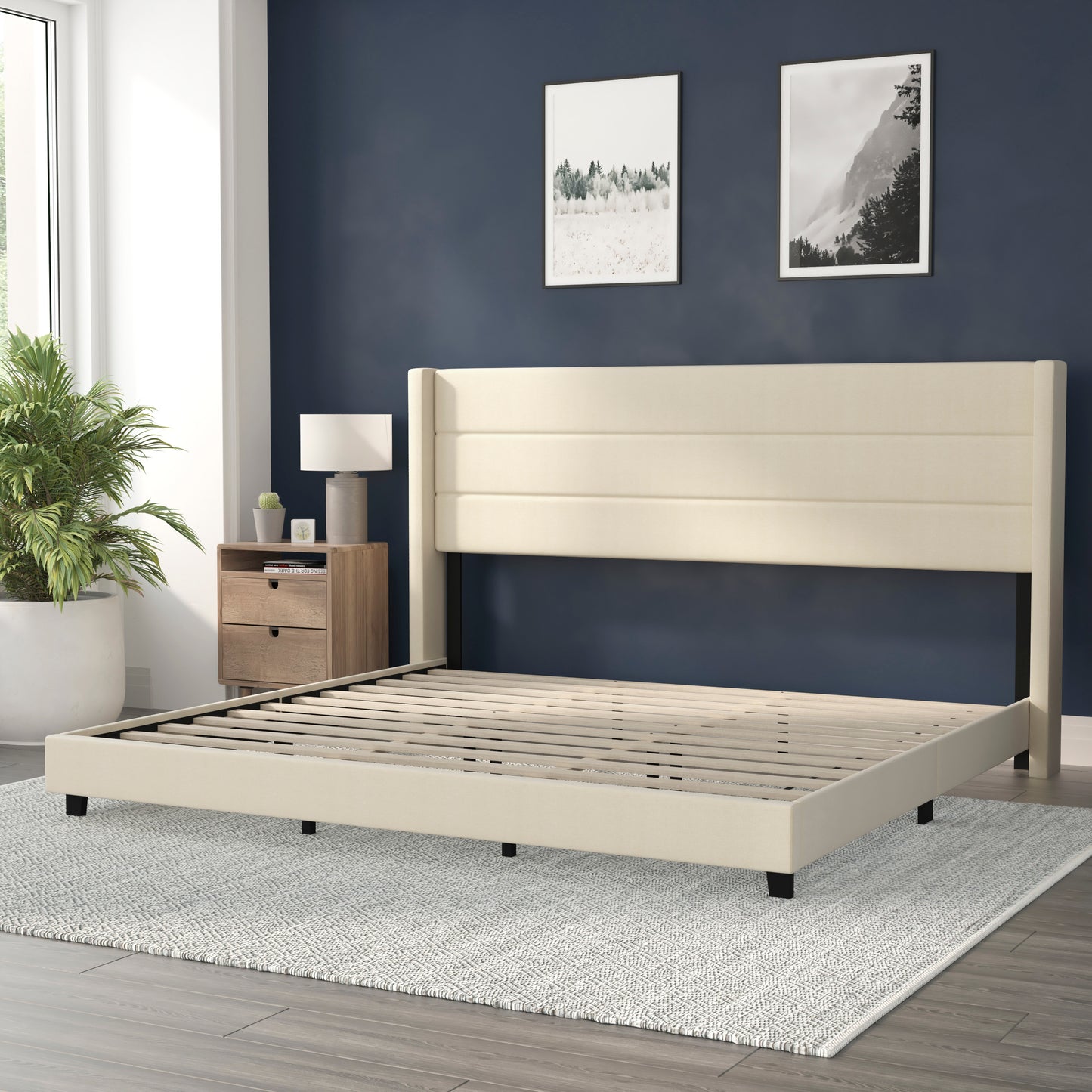 Hollis King Upholstered Platform Bed with Wingback Headboard, Mattress Foundation with Slatted Supports, No Box Spring Needed, Beige Faux Linen Beige