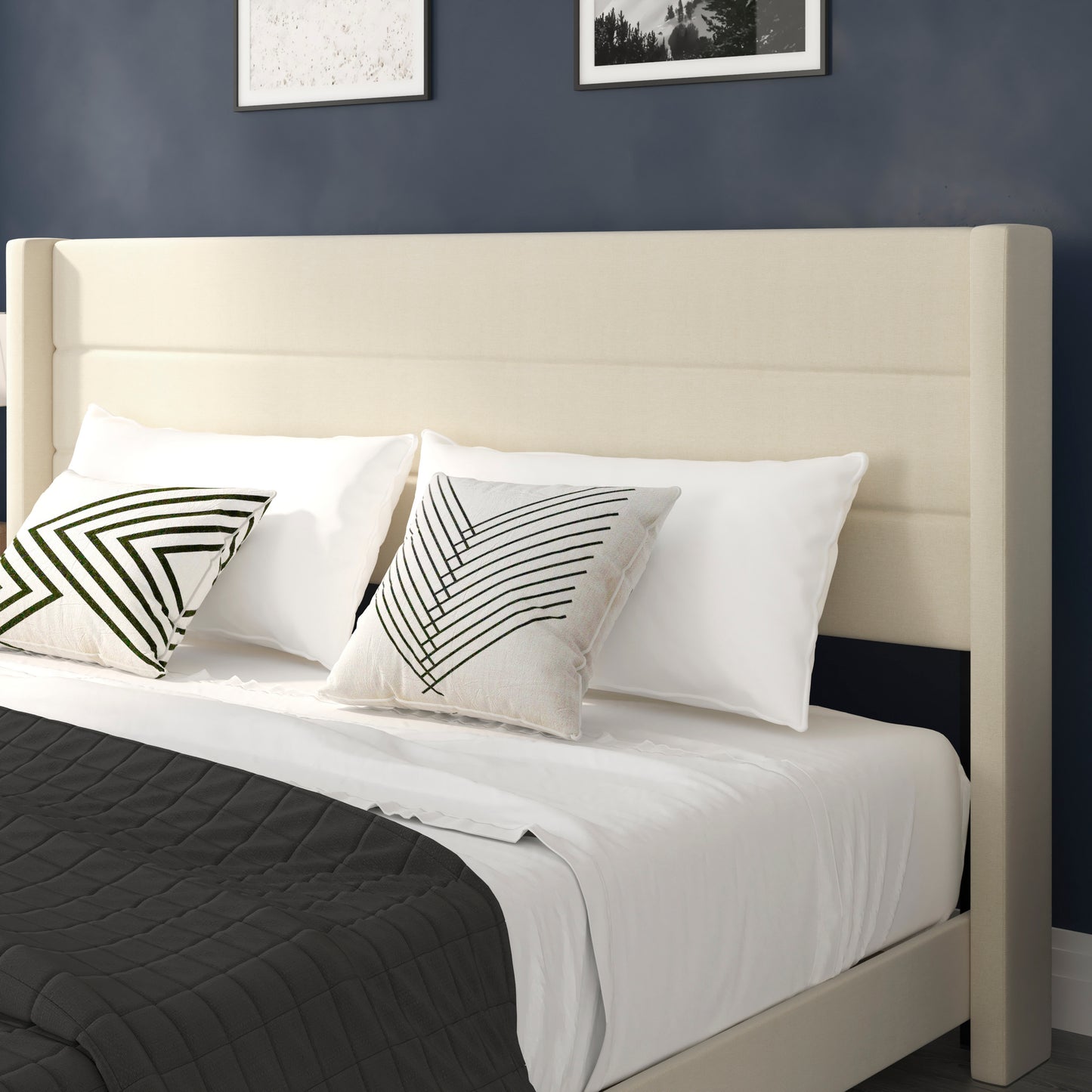 Hollis King Upholstered Platform Bed with Wingback Headboard, Mattress Foundation with Slatted Supports, No Box Spring Needed, Beige Faux Linen Beige
