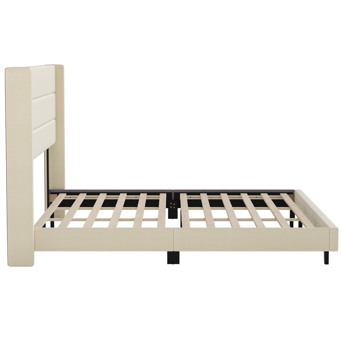 Hollis King Upholstered Platform Bed with Wingback Headboard, Mattress Foundation with Slatted Supports, No Box Spring Needed, Beige Faux Linen Beige