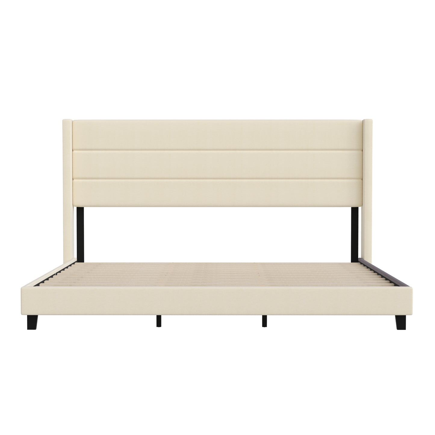 Hollis King Upholstered Platform Bed with Wingback Headboard, Mattress Foundation with Slatted Supports, No Box Spring Needed, Beige Faux Linen Beige