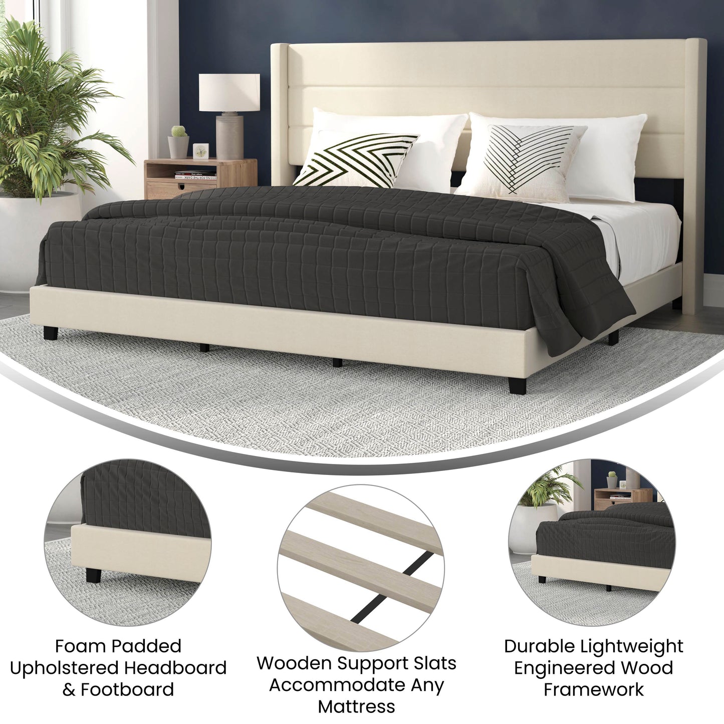 Hollis King Upholstered Platform Bed with Wingback Headboard, Mattress Foundation with Slatted Supports, No Box Spring Needed, Beige Faux Linen Beige