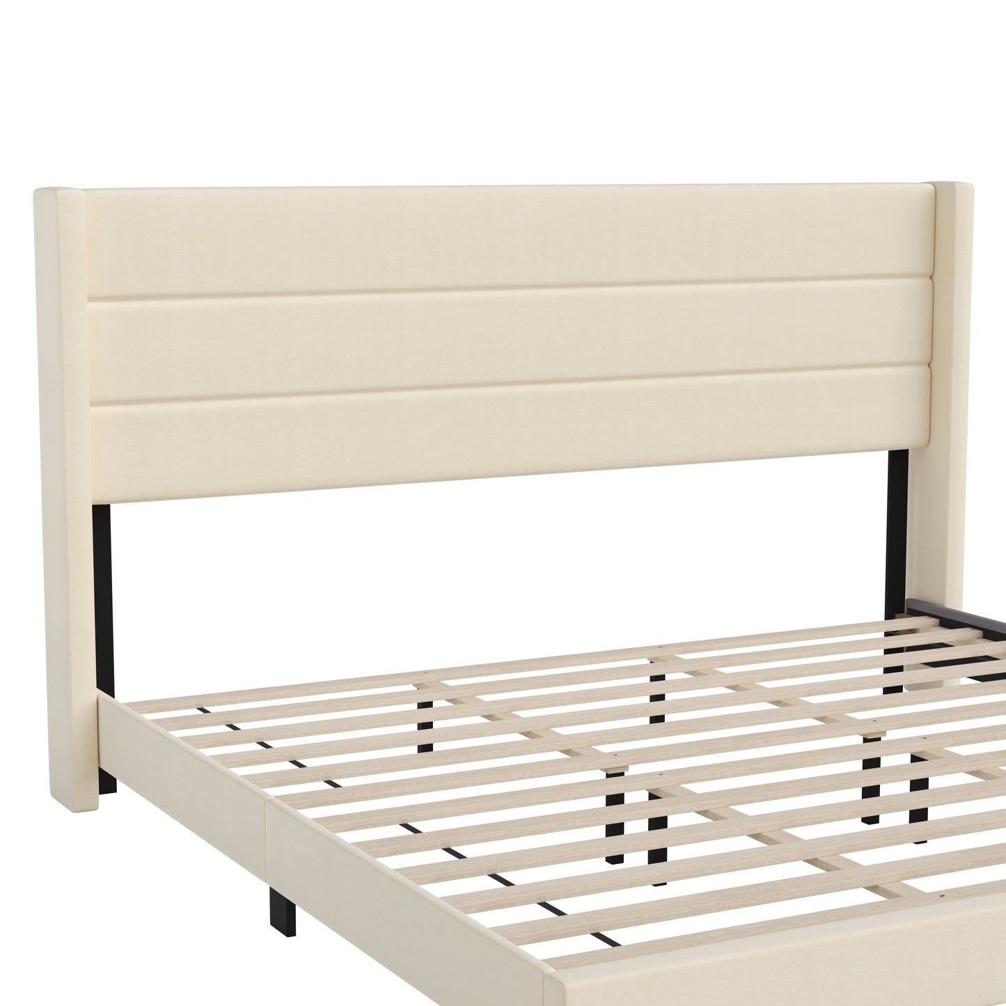 Hollis King Upholstered Platform Bed with Wingback Headboard, Mattress Foundation with Slatted Supports, No Box Spring Needed, Beige Faux Linen Beige