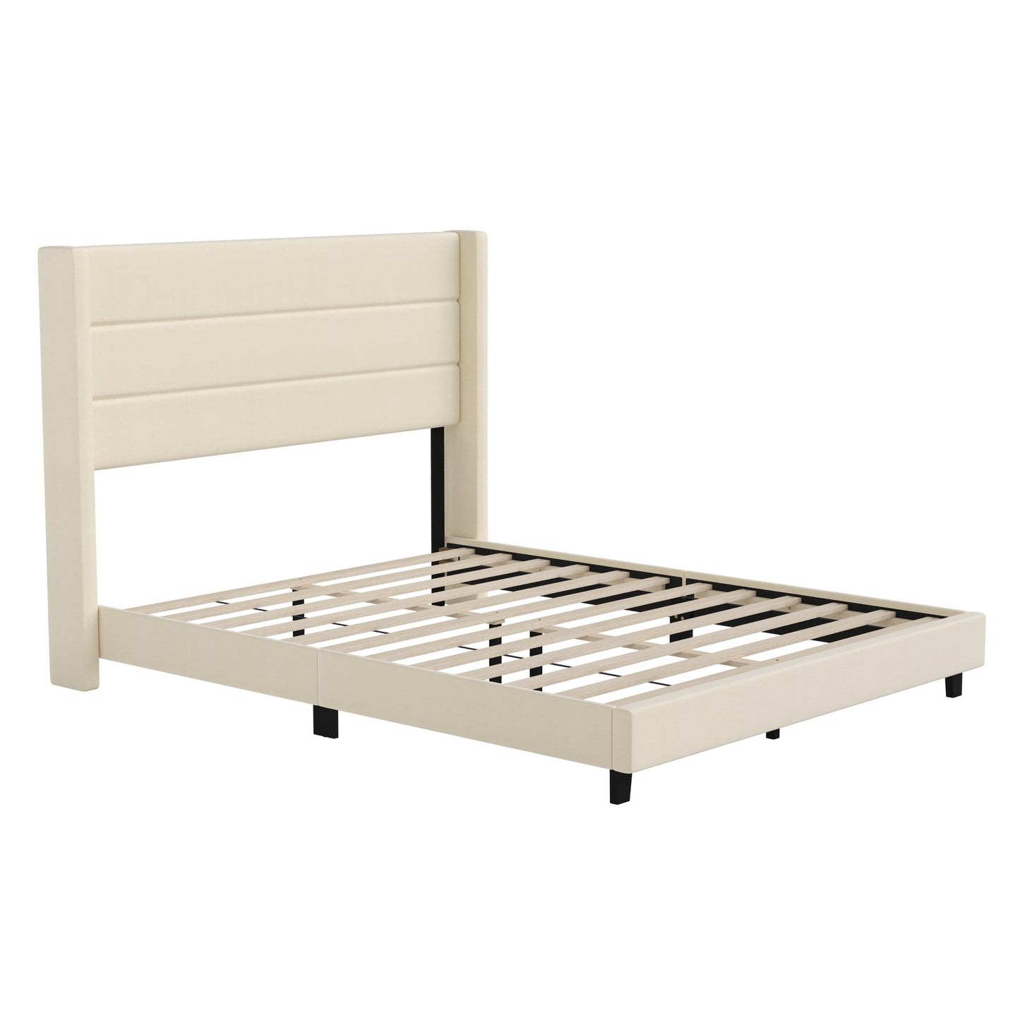Hollis Queen Upholstered Platform Bed with Wingback Headboard, Mattress Foundation with Slatted Supports, No Box Spring Needed, Beige Faux Linen Beige