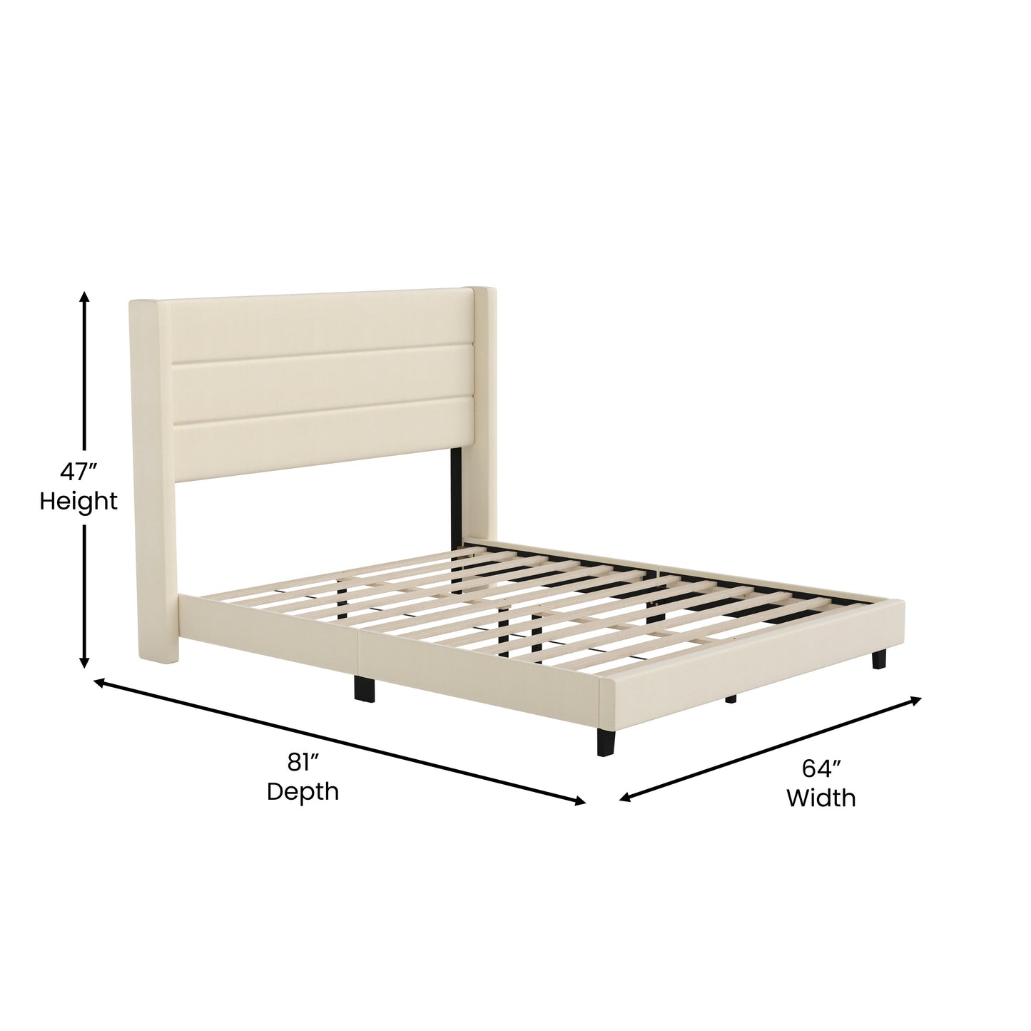 Hollis Queen Upholstered Platform Bed with Wingback Headboard, Mattress Foundation with Slatted Supports, No Box Spring Needed, Beige Faux Linen Beige
