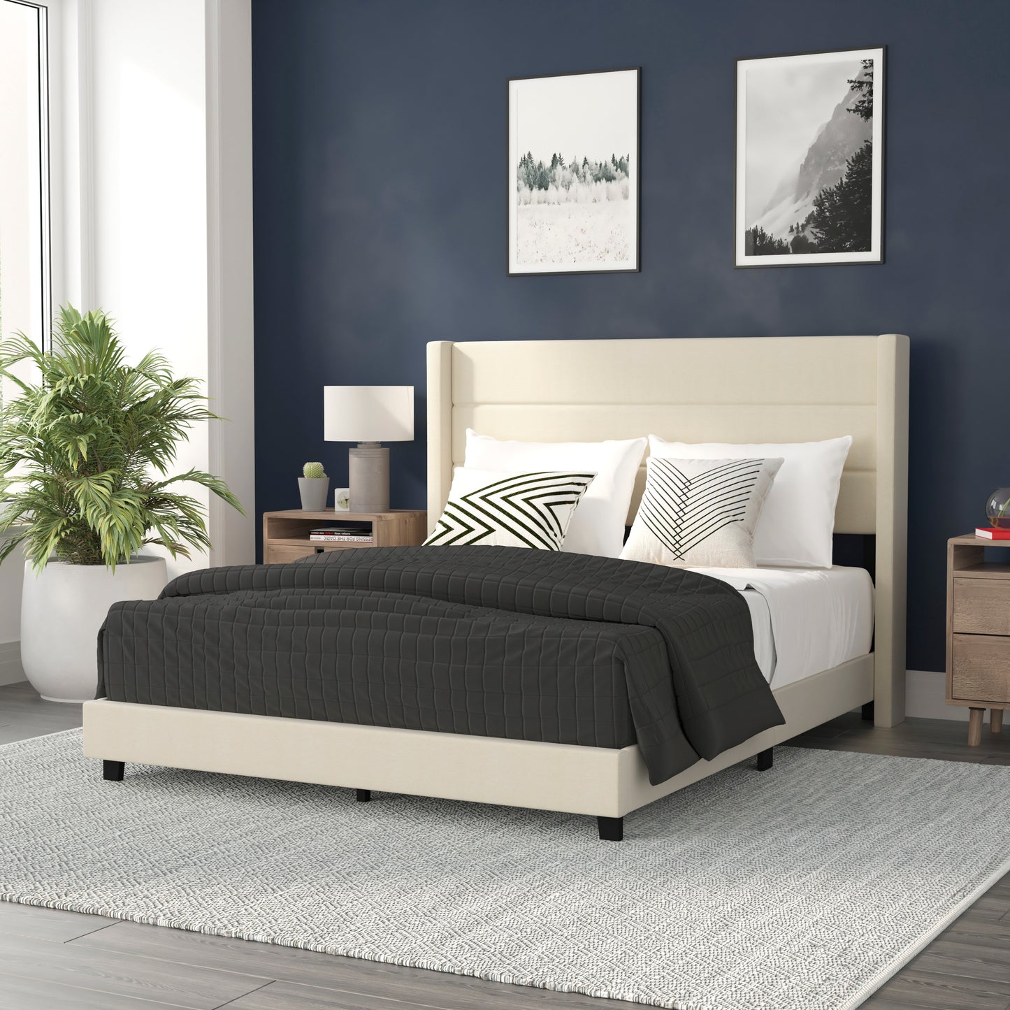 Hollis Queen Upholstered Platform Bed with Wingback Headboard, Mattress Foundation with Slatted Supports, No Box Spring Needed, Beige Faux Linen Beige