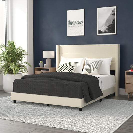 Hollis Queen Upholstered Platform Bed with Wingback Headboard, Mattress Foundation with Slatted Supports, No Box Spring Needed, Beige Faux Linen Beige