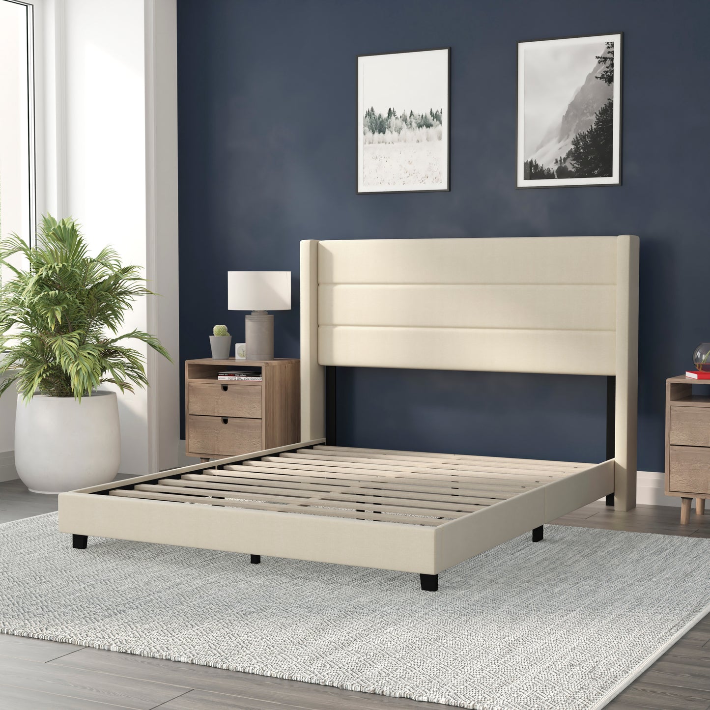 Hollis Queen Upholstered Platform Bed with Wingback Headboard, Mattress Foundation with Slatted Supports, No Box Spring Needed, Beige Faux Linen Beige