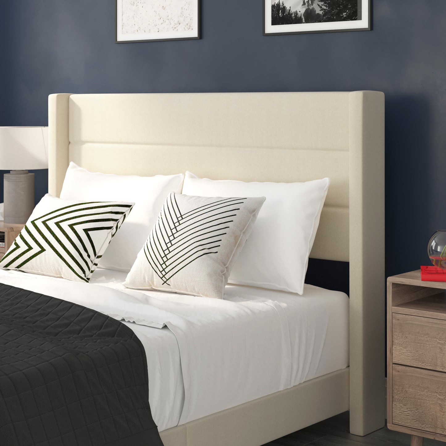 Hollis Queen Upholstered Platform Bed with Wingback Headboard, Mattress Foundation with Slatted Supports, No Box Spring Needed, Beige Faux Linen Beige