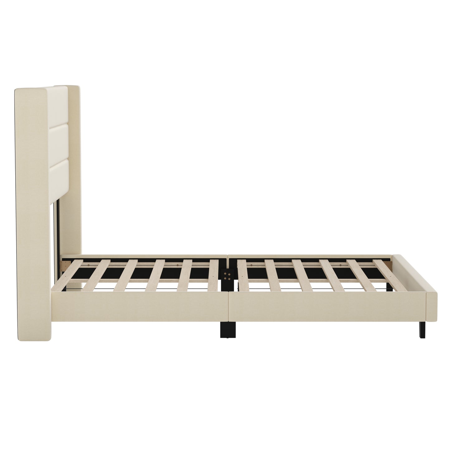 Hollis Queen Upholstered Platform Bed with Wingback Headboard, Mattress Foundation with Slatted Supports, No Box Spring Needed, Beige Faux Linen Beige