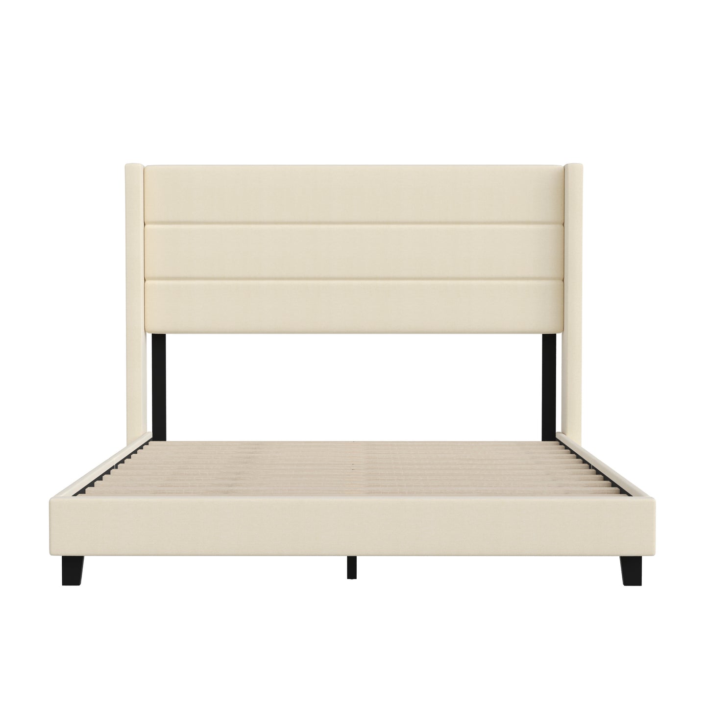 Hollis Queen Upholstered Platform Bed with Wingback Headboard, Mattress Foundation with Slatted Supports, No Box Spring Needed, Beige Faux Linen Beige