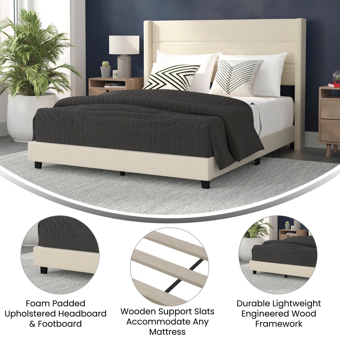 Hollis Queen Upholstered Platform Bed with Wingback Headboard, Mattress Foundation with Slatted Supports, No Box Spring Needed, Beige Faux Linen Beige