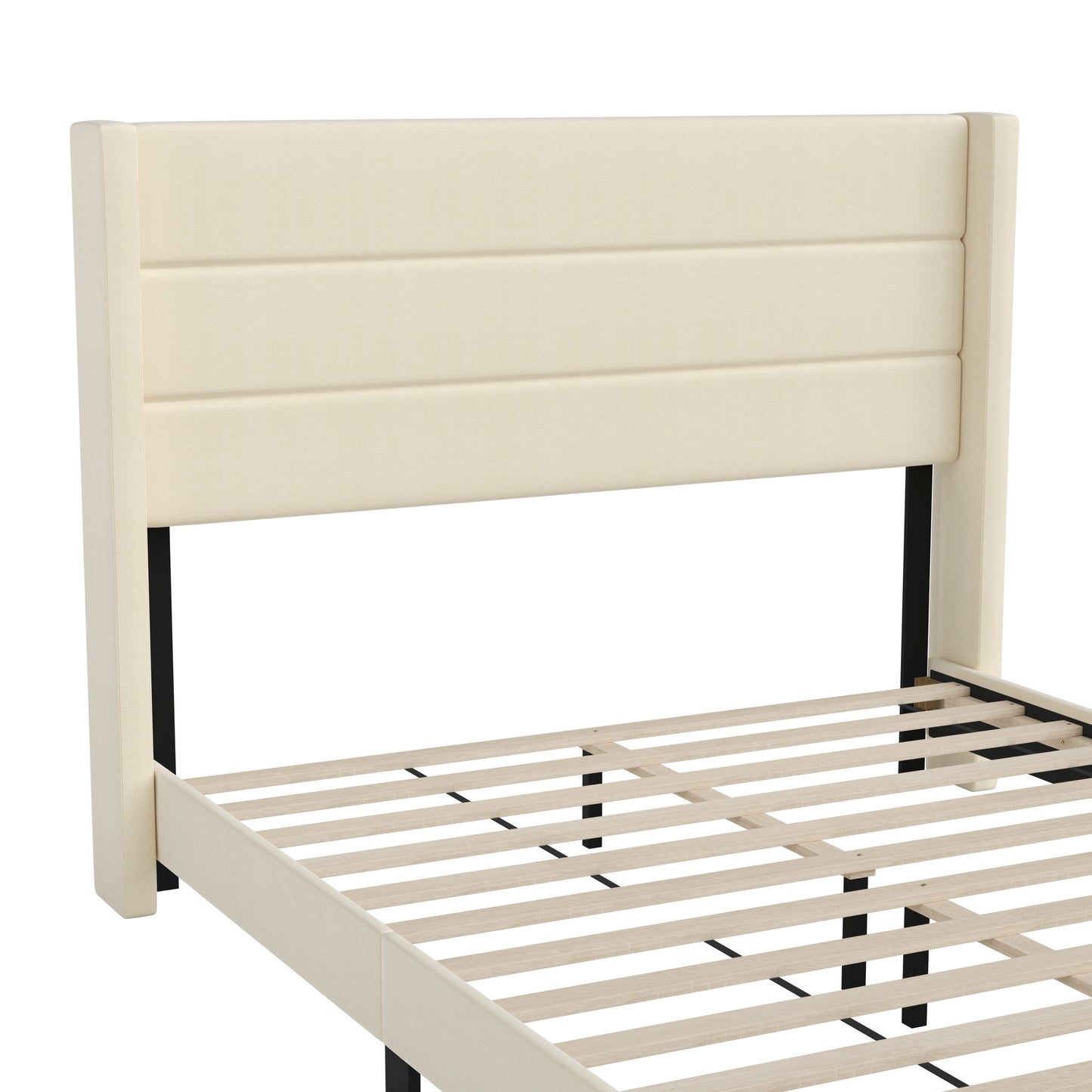 Hollis Queen Upholstered Platform Bed with Wingback Headboard, Mattress Foundation with Slatted Supports, No Box Spring Needed, Beige Faux Linen Beige