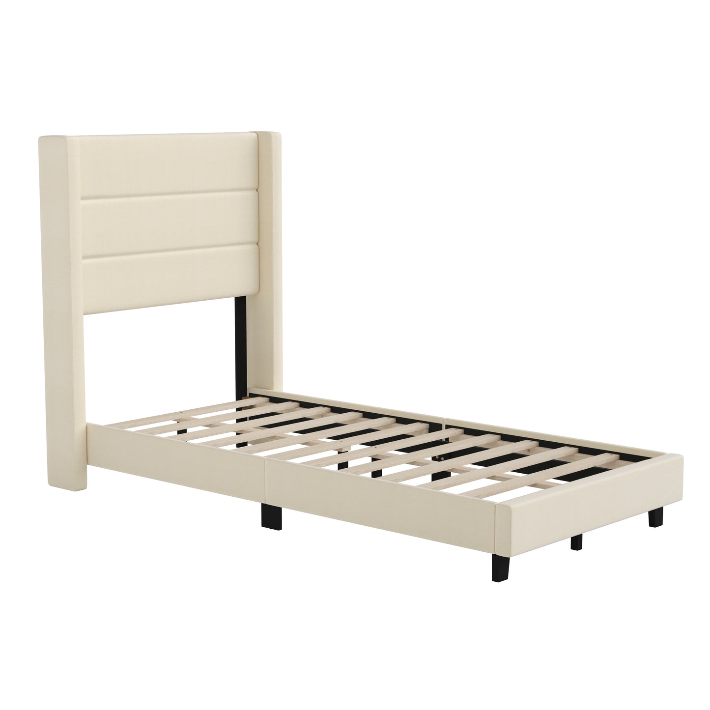 Hollis Twin Upholstered Platform Bed with Wingback Headboard, Mattress Foundation with Slatted Supports, No Box Spring Needed, Beige Faux Linen Beige