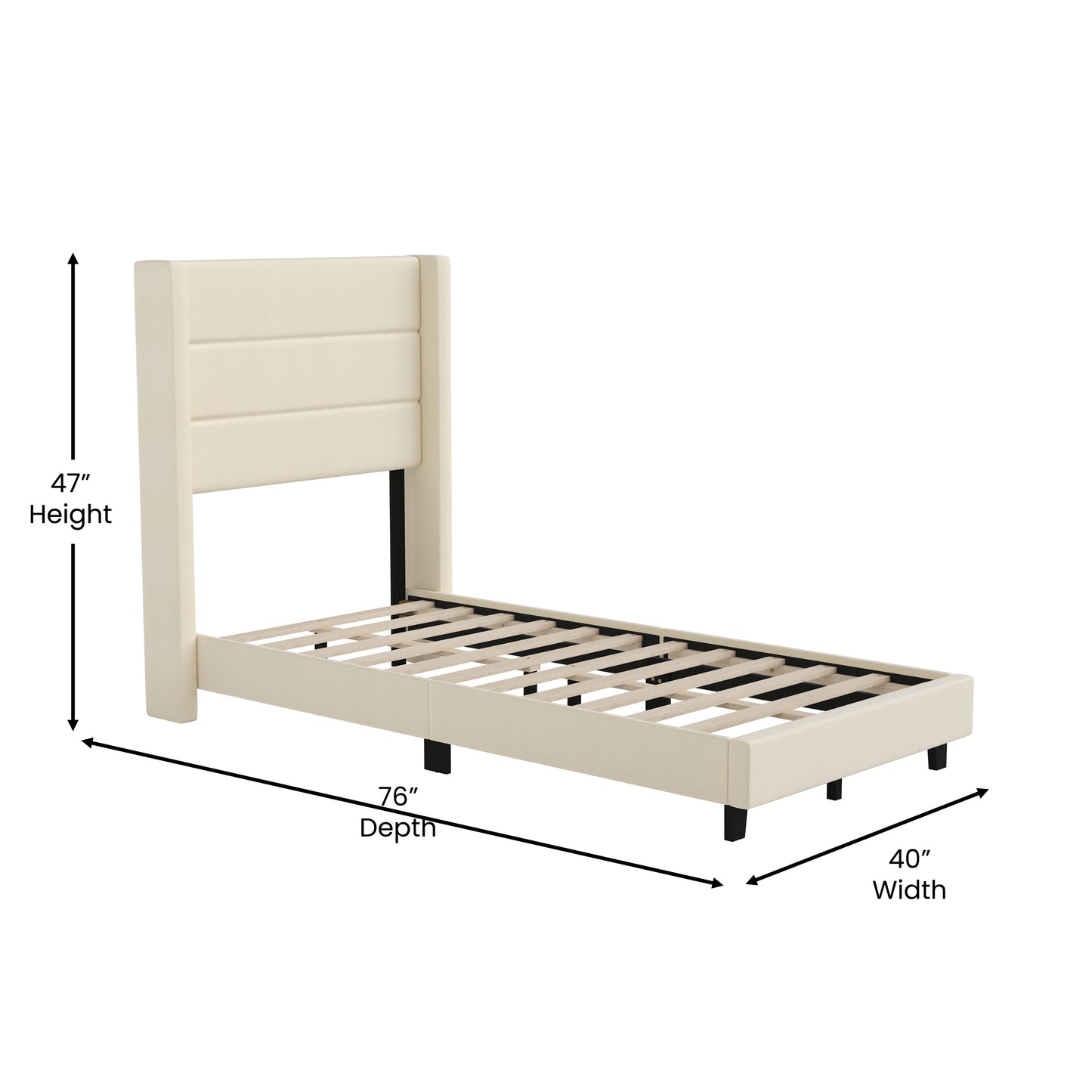 Hollis Twin Upholstered Platform Bed with Wingback Headboard, Mattress Foundation with Slatted Supports, No Box Spring Needed, Beige Faux Linen Beige