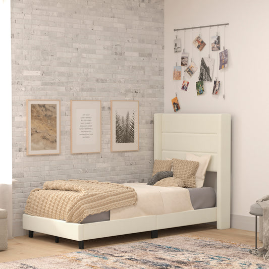 Hollis Twin Upholstered Platform Bed with Wingback Headboard, Mattress Foundation with Slatted Supports, No Box Spring Needed, Beige Faux Linen Beige