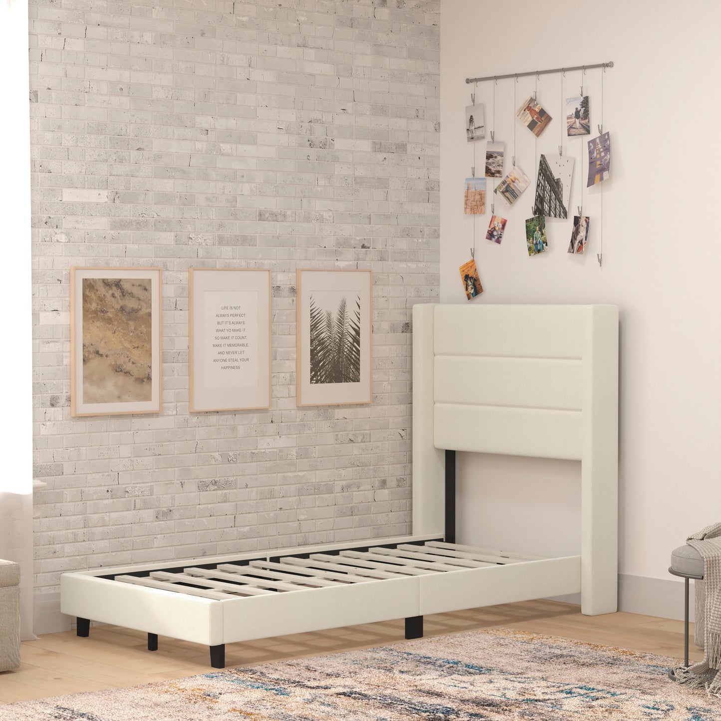 Hollis Twin Upholstered Platform Bed with Wingback Headboard, Mattress Foundation with Slatted Supports, No Box Spring Needed, Beige Faux Linen Beige