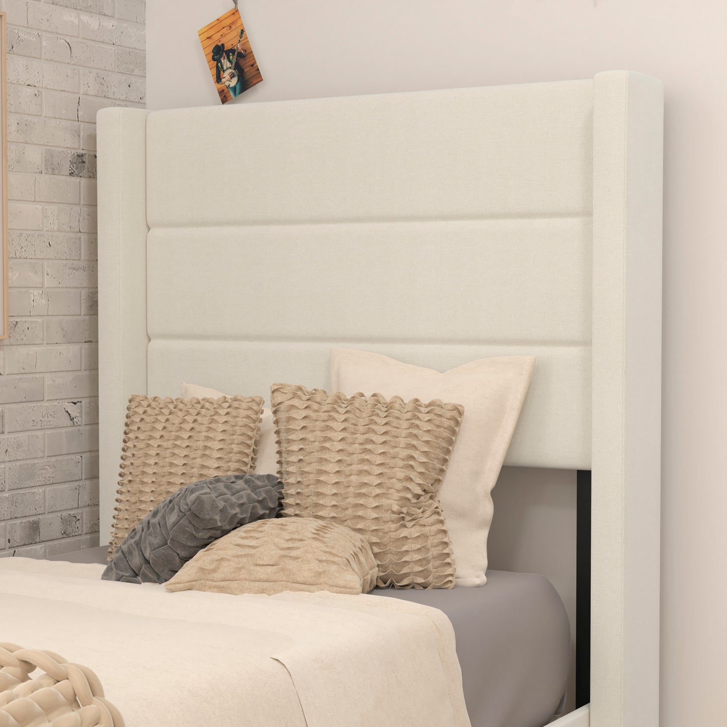 Hollis Twin Upholstered Platform Bed with Wingback Headboard, Mattress Foundation with Slatted Supports, No Box Spring Needed, Beige Faux Linen Beige