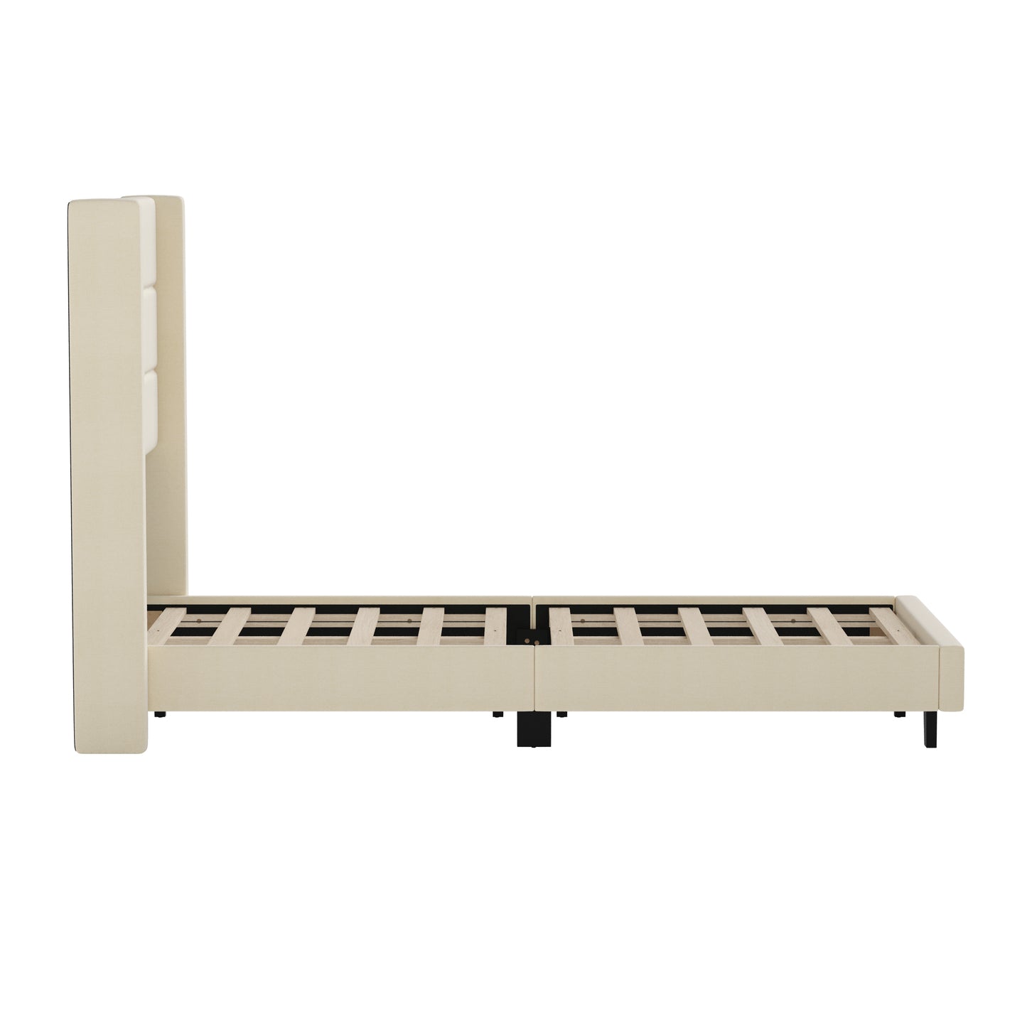 Hollis Twin Upholstered Platform Bed with Wingback Headboard, Mattress Foundation with Slatted Supports, No Box Spring Needed, Beige Faux Linen Beige