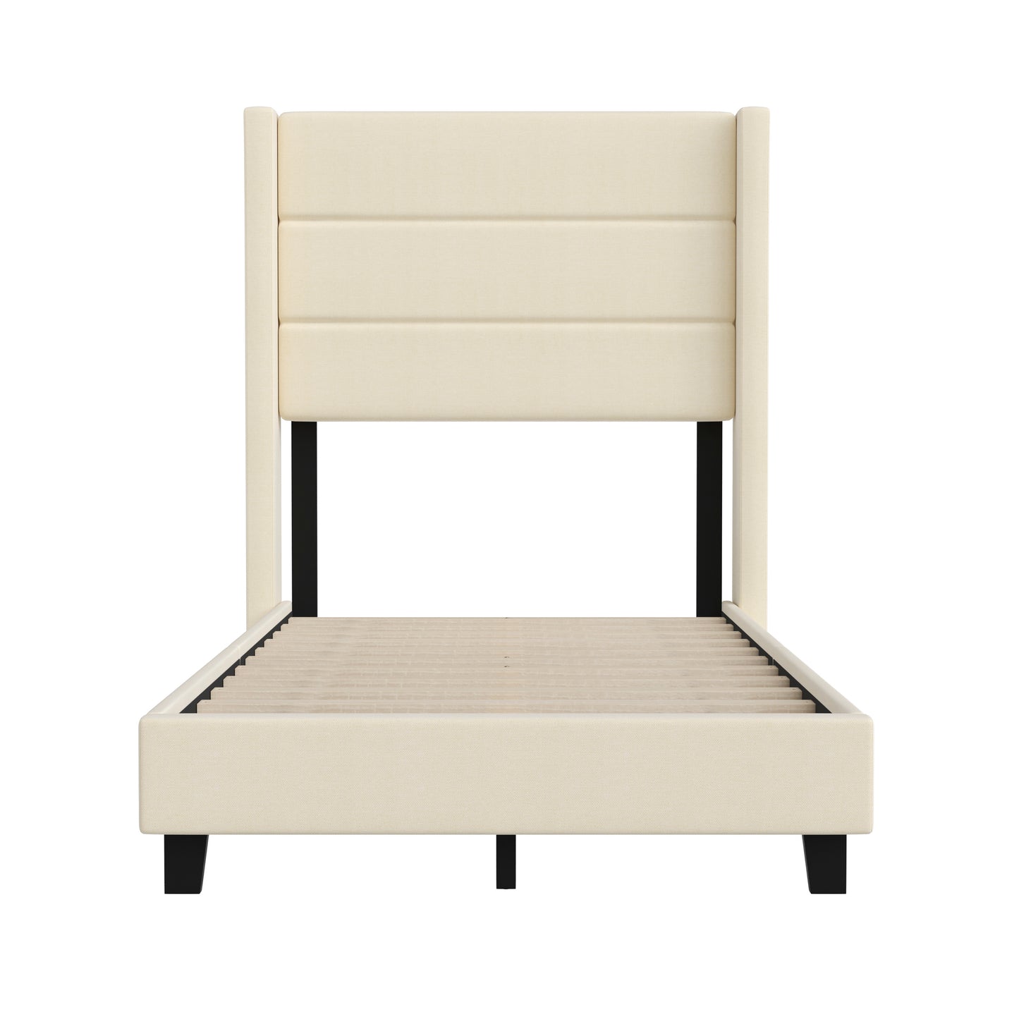 Hollis Twin Upholstered Platform Bed with Wingback Headboard, Mattress Foundation with Slatted Supports, No Box Spring Needed, Beige Faux Linen Beige