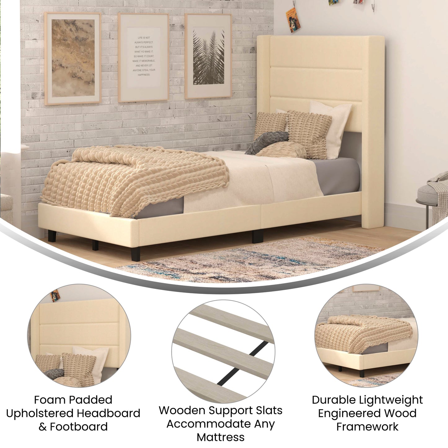 Hollis Twin Upholstered Platform Bed with Wingback Headboard, Mattress Foundation with Slatted Supports, No Box Spring Needed, Beige Faux Linen Beige
