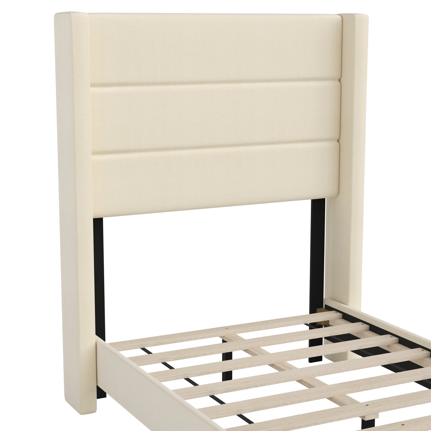 Hollis Twin Upholstered Platform Bed with Wingback Headboard, Mattress Foundation with Slatted Supports, No Box Spring Needed, Beige Faux Linen Beige