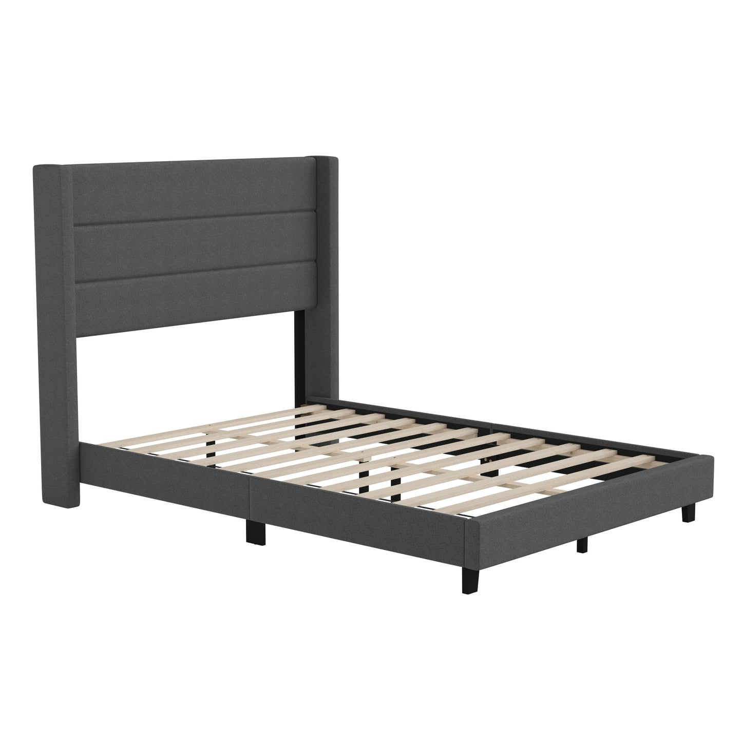 Hollis Full Upholstered Platform Bed with Wingback Headboard, Mattress Foundation with Slatted Supports, No Box Spring Needed, Charcoal Faux Linen Charcoal