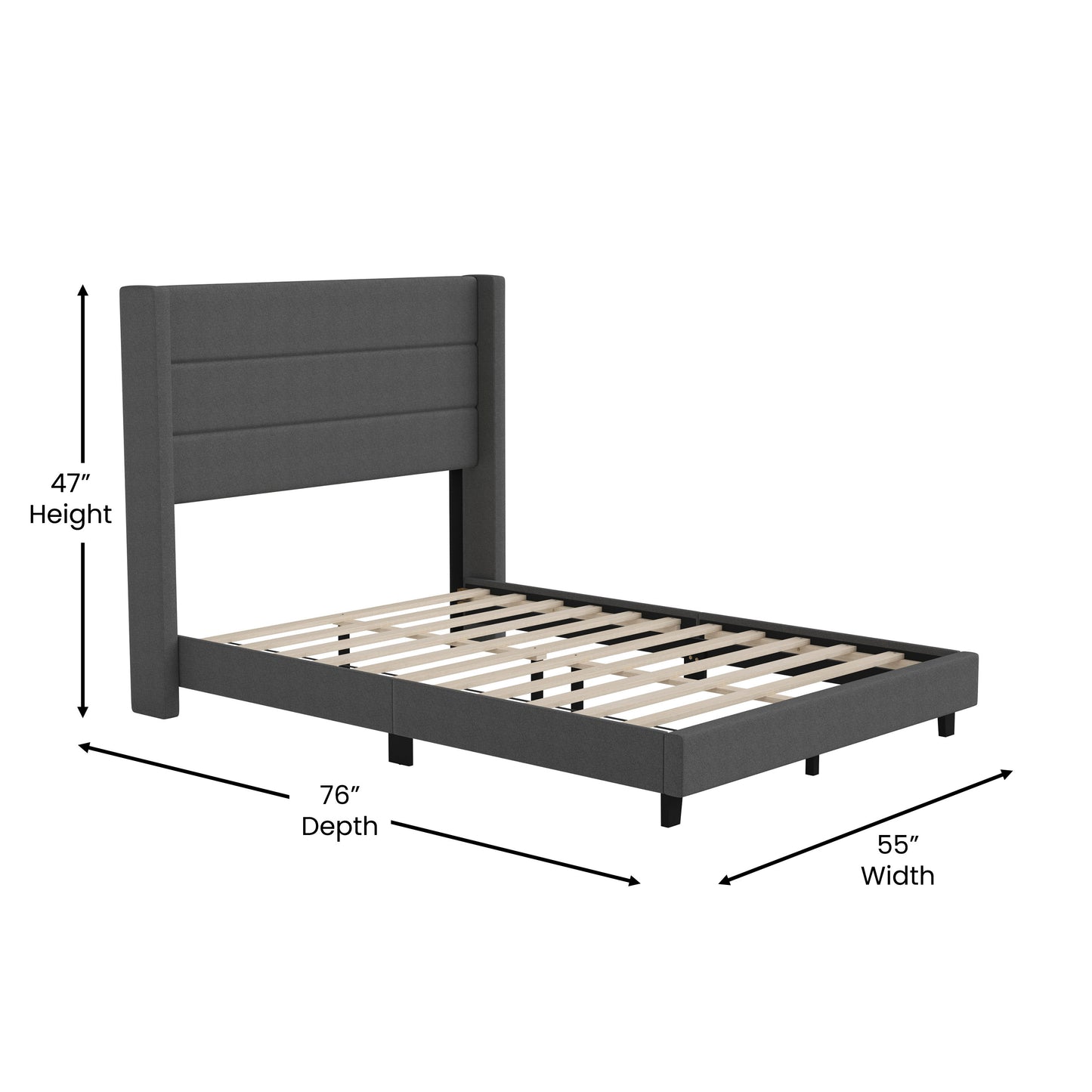 Hollis Full Upholstered Platform Bed with Wingback Headboard, Mattress Foundation with Slatted Supports, No Box Spring Needed, Charcoal Faux Linen Charcoal