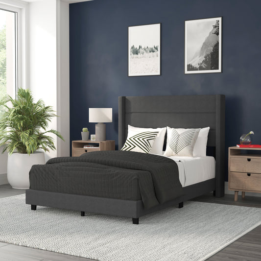 Hollis Full Upholstered Platform Bed with Wingback Headboard, Mattress Foundation with Slatted Supports, No Box Spring Needed, Charcoal Faux Linen Charcoal