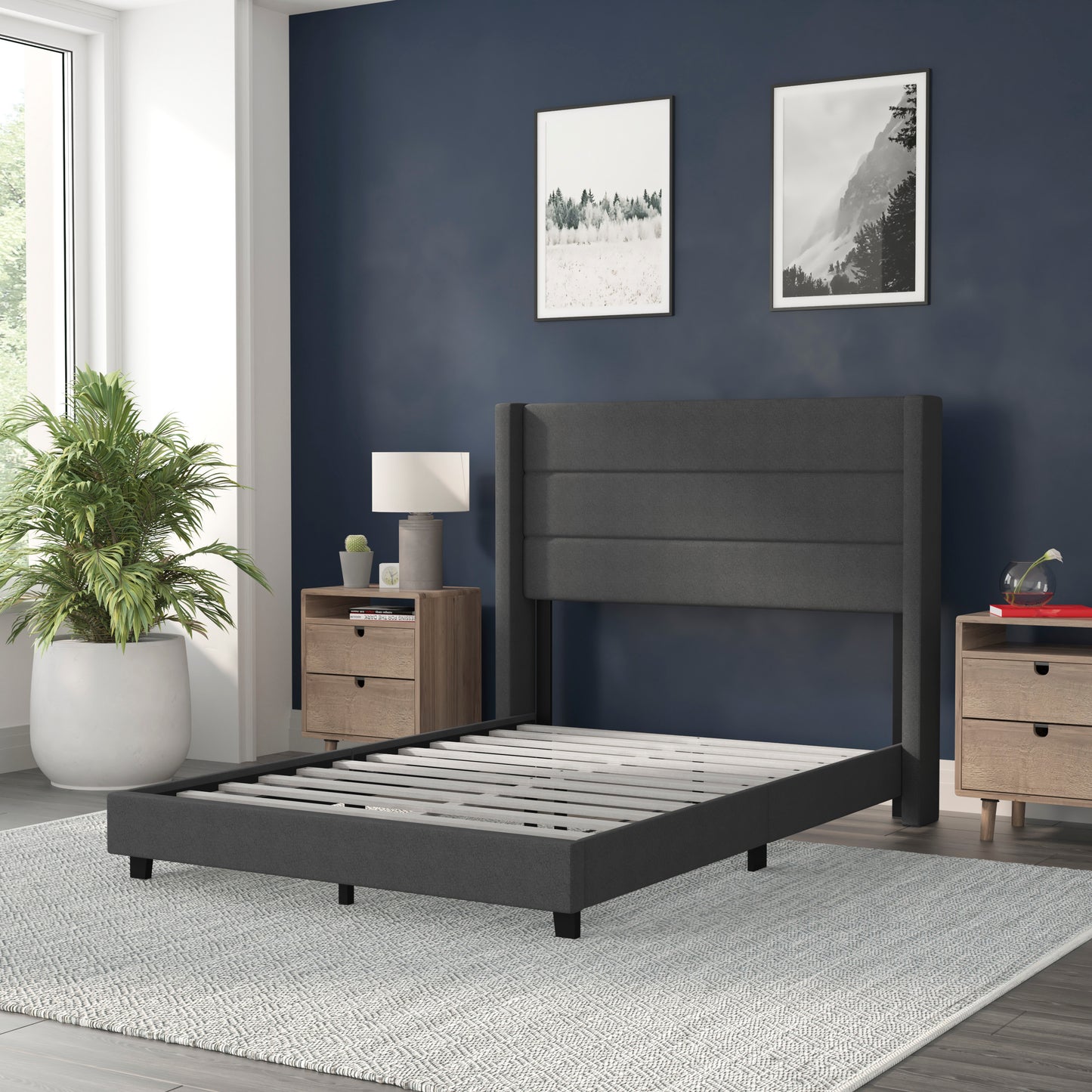 Hollis Full Upholstered Platform Bed with Wingback Headboard, Mattress Foundation with Slatted Supports, No Box Spring Needed, Charcoal Faux Linen Charcoal