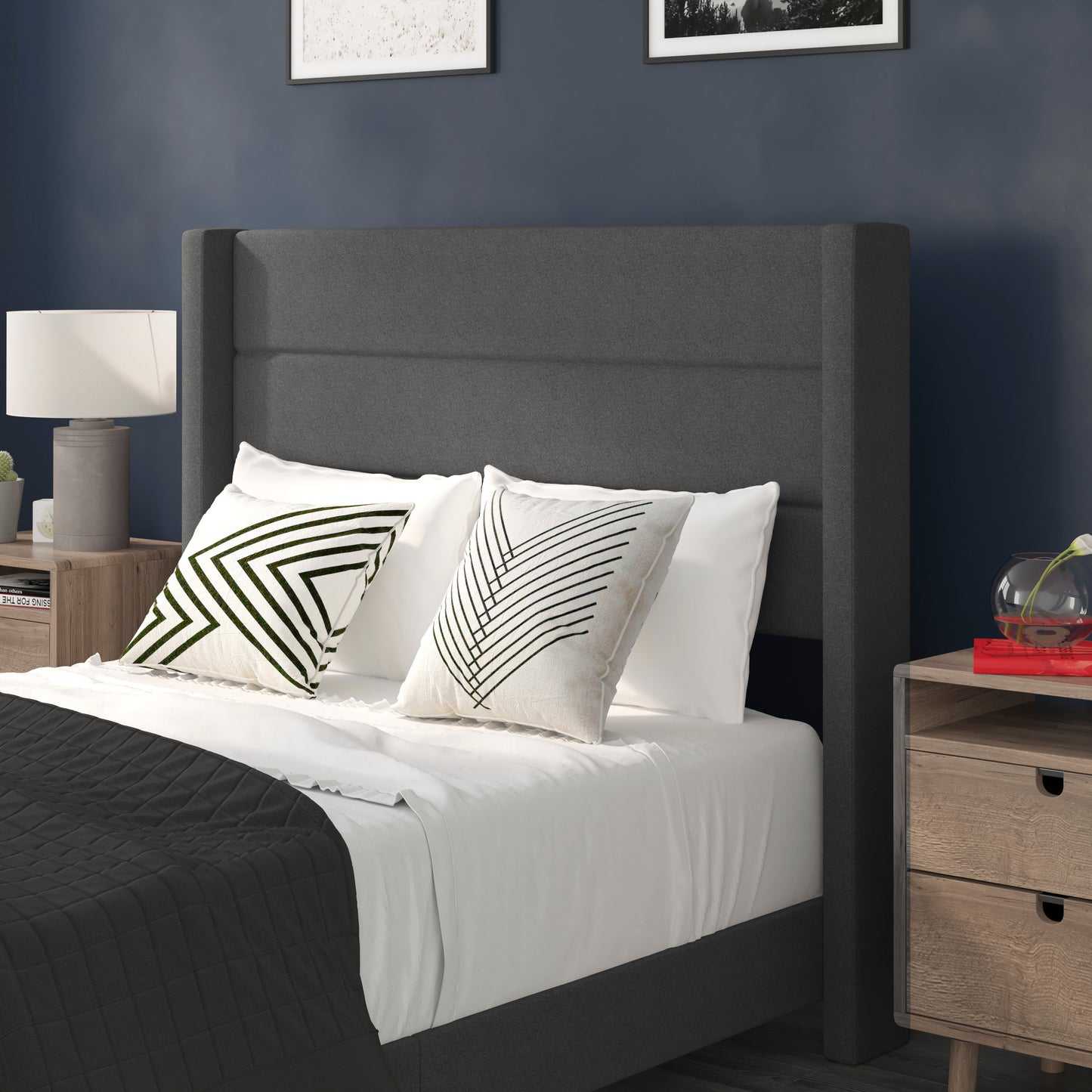 Hollis Full Upholstered Platform Bed with Wingback Headboard, Mattress Foundation with Slatted Supports, No Box Spring Needed, Charcoal Faux Linen Charcoal