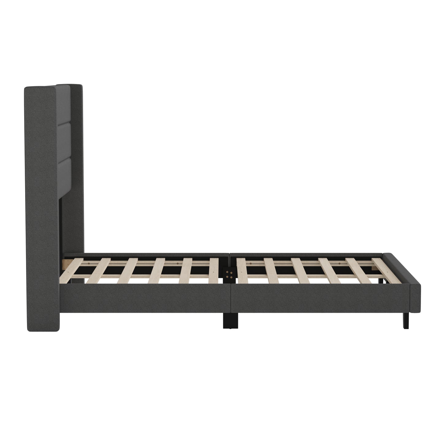 Hollis Full Upholstered Platform Bed with Wingback Headboard, Mattress Foundation with Slatted Supports, No Box Spring Needed, Charcoal Faux Linen Charcoal