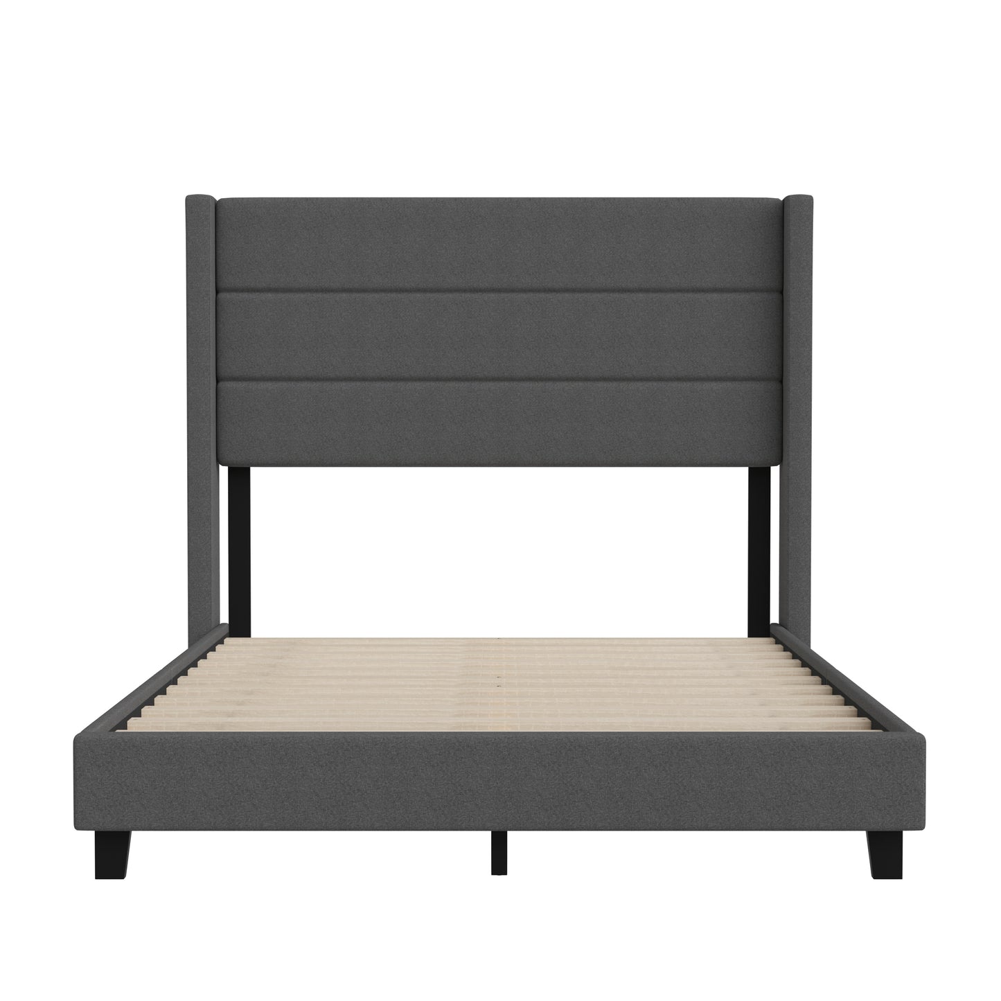 Hollis Full Upholstered Platform Bed with Wingback Headboard, Mattress Foundation with Slatted Supports, No Box Spring Needed, Charcoal Faux Linen Charcoal