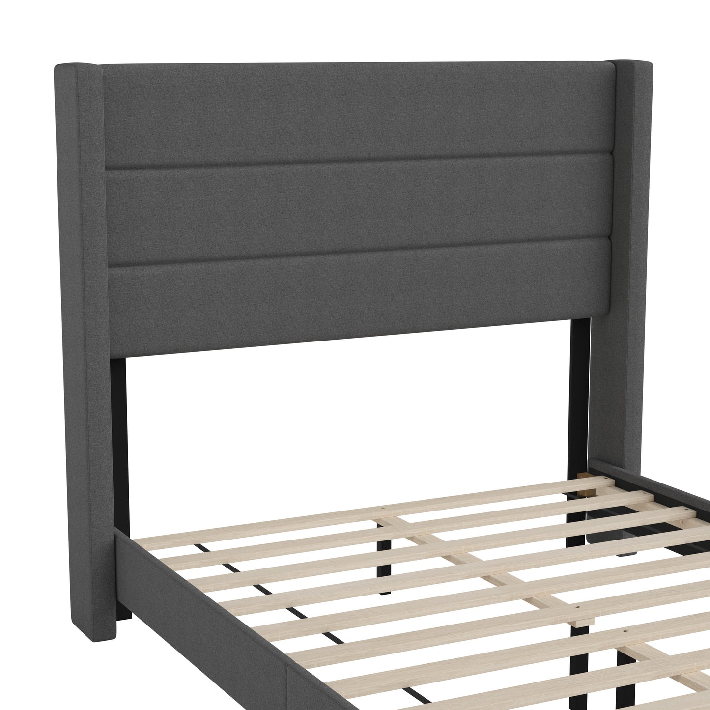 Hollis Full Upholstered Platform Bed with Wingback Headboard, Mattress Foundation with Slatted Supports, No Box Spring Needed, Charcoal Faux Linen Charcoal