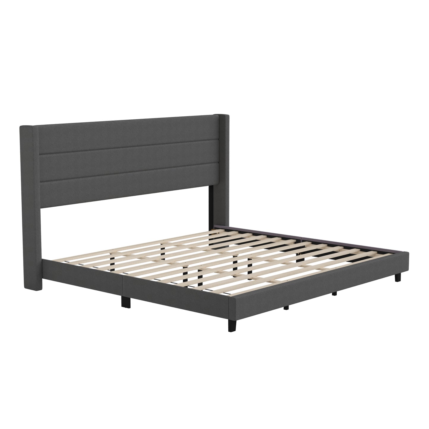 Hollis King Upholstered Platform Bed with Wingback Headboard, Mattress Foundation with Slatted Supports, No Box Spring Needed, Charcoal Faux Linen Charcoal