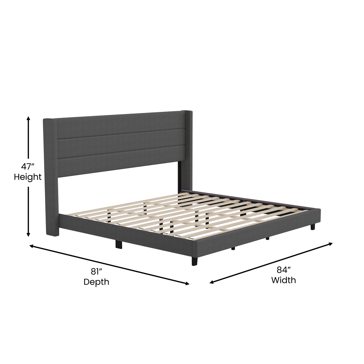 Hollis King Upholstered Platform Bed with Wingback Headboard, Mattress Foundation with Slatted Supports, No Box Spring Needed, Charcoal Faux Linen Charcoal