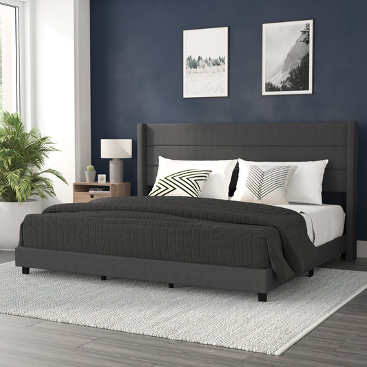 Hollis King Upholstered Platform Bed with Wingback Headboard, Mattress Foundation with Slatted Supports, No Box Spring Needed, Charcoal Faux Linen Charcoal