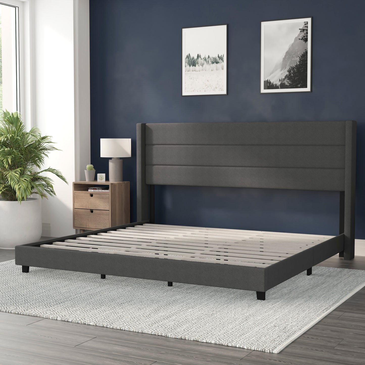 Hollis King Upholstered Platform Bed with Wingback Headboard, Mattress Foundation with Slatted Supports, No Box Spring Needed, Charcoal Faux Linen Charcoal